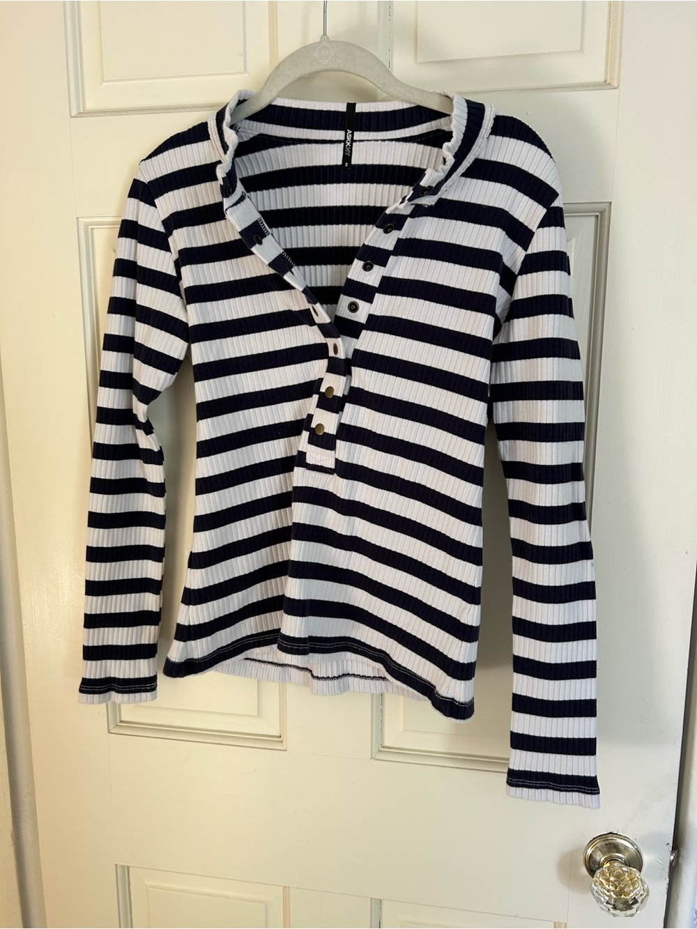 ASKK NY Black & White Striped Ribbed Henley Long Sleeve Top